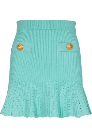 Balmain Nederdel, Dame, Blå, S, Uld, Strikket skater nederdel