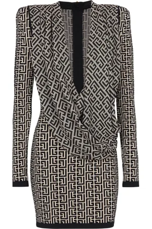 Balmain Kjole, Dame, Sort, 2XS, Draperet V-Hals Monogram Strikket Kort Kjole