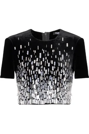 Balmain Bluser & Skjorter, Dame, Sort, XS, Pailetter, Pyntet crop top
