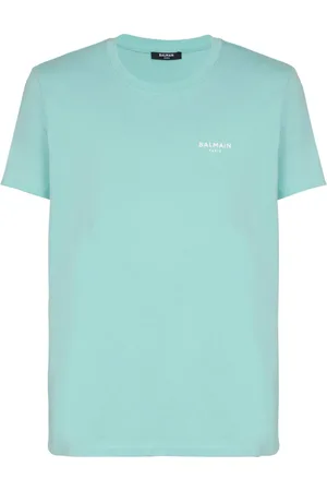 Balmain Top, Herre, Blå, 2XL, Bomuld, Paris flocked kortærmet T-shirt