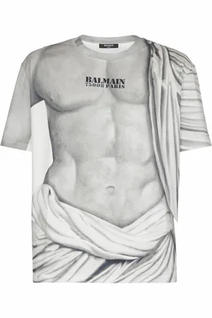 Balmain Top, Herre, Grå, 3XL, Bomuld, Logo T-shirt med Statue print