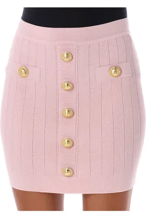 Balmain Nederdel, Dame, Lyserød, S, Uld, Rose Striknederdel med Gyldne Knapper