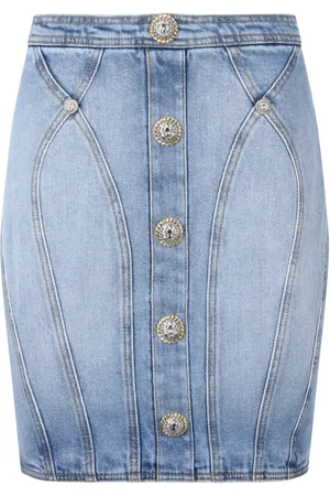 Balmain Nederdel, Dame, Blå, S, Denim, Denim Mini Nederdel med Knappedetaljer