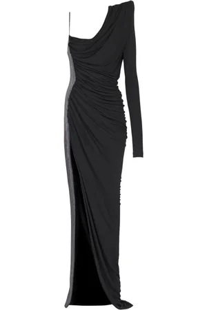 Balmain Kjole, Dame, Sort, XS, Uld, Draped asymmetrisk to-materiale kjole