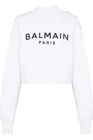 Balmain Sweathshirts & Hoodies, Dame, Hvid, M, Bomuld, Beskåret vejrtrøje med Pari-print