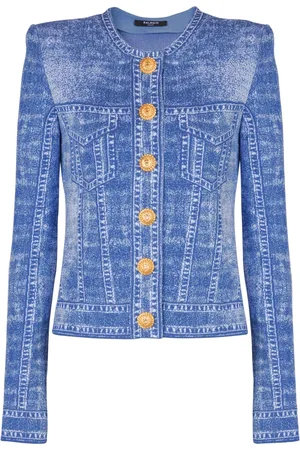 Balmain Strik, Dame, Blå, S, Denim, Jacquardstrikket cardigan med denim effekt