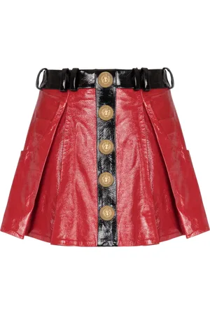 Balmain Nederdel, Dame, Rød, 2XS, Læder, Plisseret laknederdel