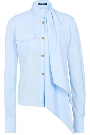 Balmain Bluser & Skjorter, Dame, Blå, S, Bomuld, Stribet skjorte med sløjfe