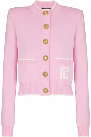 Balmain Strik, Dame, Lyserød, S, Bomuld, Strikket cardigan med logo