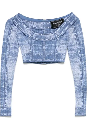 Balmain Top, Dame, Blå, S, Denim, Denim Effekt Langærmet Top med Logo