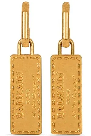 Balmain Tilbehør, Dame, Gul, M, Uld, Graveret Logo Guld-tone Øreringe Par