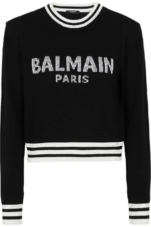 Balmain Strik, Dame, Sort, 2XL, Uld, Kort uldsweatshirt med logo