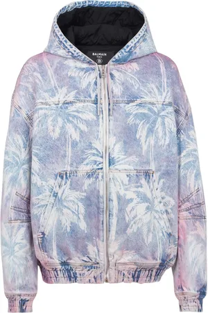 Balmain Jakke, Herre, Flerfarvet, 2XL, Denim, Denim Hooded Bomber Jacket med Palmetræ Print