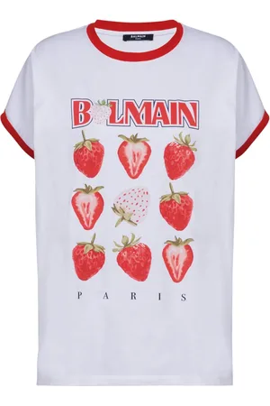 Balmain Top, Dame, Hvid, XS, Bomuld, To-farvet T-shirt med Jordbærprint