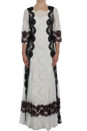 Dolce & Gabbana Kjole, Dame, Hvid, 2XS, Uld, Hvid Blomstret Blonde Maxi Kjole