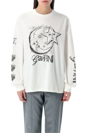 Ganni Sweathshirts & Hoodies, Dame, Hvid, XS, Bomuld, Hvid Grafisk Print Langærmet T-Shirt