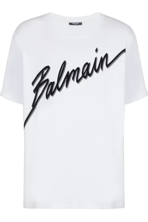 Balmain Top, Herre, Hvid, 2XL, Bomuld, T-shirt med flocked bogstav logo