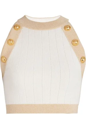 Balmain Top, Dame, , L, Polyester, Ivory Ribbet Viskose Blandet Top