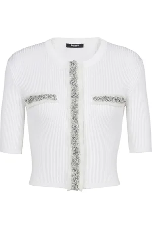 Balmain Strik, Dame, Hvid, 2XS, Broderet kortstrikket cardigan