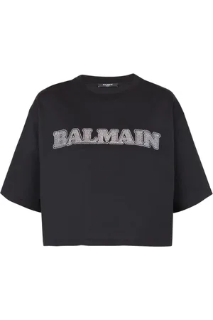 Balmain Top, Dame, Sort, XS, Bomuld, Cropped Rhinestone T-shirt