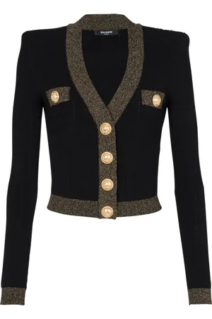 Balmain Strik, Dame, Sort, M, Uld, Guld Trim Strik Cardigan