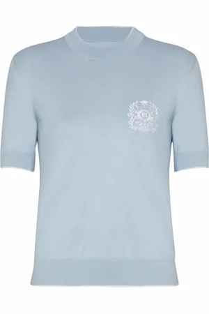 Balmain Strik, Dame, Blå, L, Bomuld, Emblème-broderet strikbluse