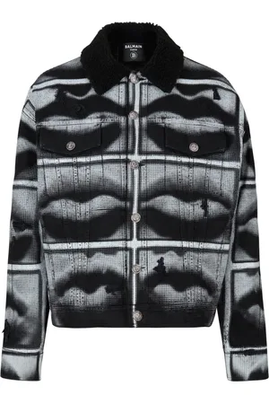 Balmain Jakke, Herre, Flerfarvet, S, Denim, Denimjakke med læbeprint