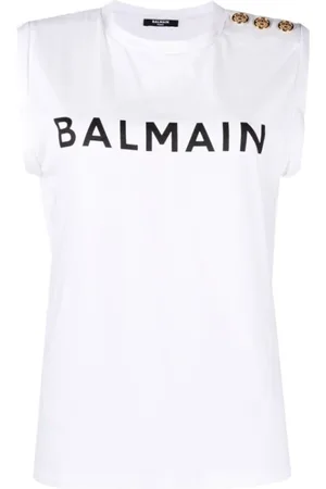 Balmain Top, Dame, Hvid, L, Bomuld, Logo Print Ærmeløs Top