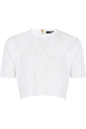 Balmain Strik, Dame, Hvid, 2XS, Polyester, Kort Blonde Top med Blomstermønster
