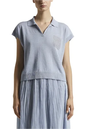 PESERICO SIGN Strik, Dame, Blå, 2XS, Bomuld, Linned og bomuld crepe polo shirt