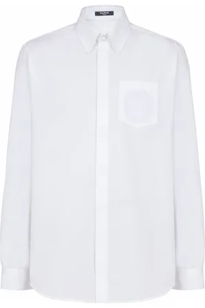 Balmain Skjorte, Herre, Hvid, M, Bomuld, Broderet poplin skjorte