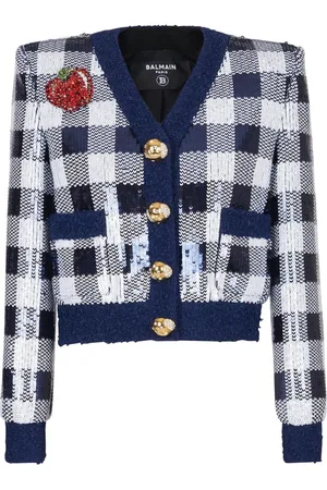 Balmain Strik, Dame, Blå, XS, Uld, Kort jakke i ternede pailletter
