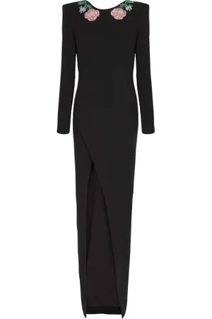 Balmain Kjole, Dame, Sort, XS, Uld, Lang rygløs kjole med rosenbroderi