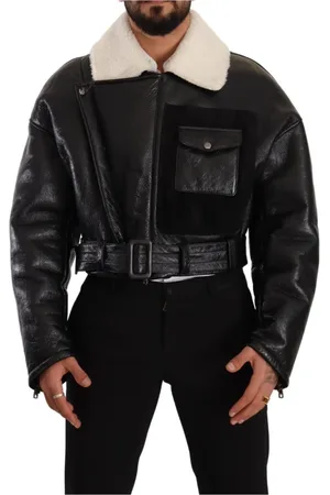 Dolce & Gabbana Jakke, Herre, Sort, M, Sort Shearling Biker Jakke