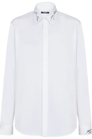 Balmain Skjorte, Herre, Hvid, 3XL, Bomuld, Poplin skjorte med broderet krave