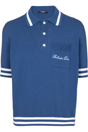 Balmain Top, Herre, Blå, L, Bomuld, Bomuld-linned poloshirt med Balain Signature broderi