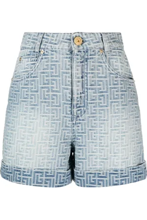 Balmain Shorts, Dame, Blå, XS, Denim, Monogram Print Denim Shorts