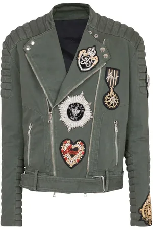 Balmain Jakke, Herre, Grøn, M, Denim, Khaki Denim Jakke med Quiltede Paneler