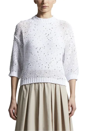 PESERICO SIGN Strik, Dame, Hvid, XL, Bomuld, Bomuldssløjfe sweater med paljetter
