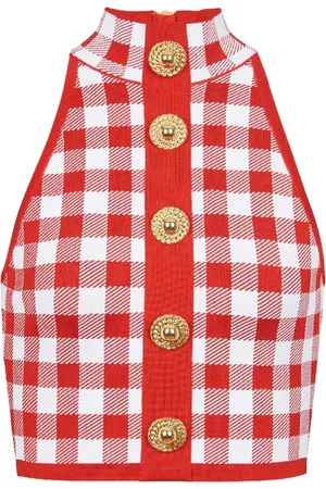Balmain Top, Dame, Rød, 2XS, Uld, Fin gingham strikket tanktop