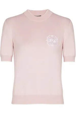 Balmain Strik, Dame, Lyserød, XS, Bomuld, Emblème-broderet strikbluse