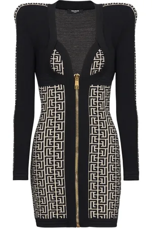 Balmain Kjole, Dame, Sort, S, Uld, Monogram Bodycon Strikket Kjole