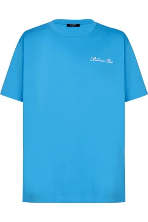Balmain Top, Herre, Blå, L, Bomuld, Afslappet T-shirt med Signaturbroderi