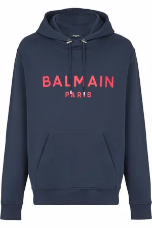 Balmain Sweathshirts & Hoodies, Herre, Blå, XL, Bomuld, Trykt Paris hættetrøje