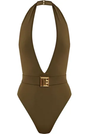 Balmain Badetøj, Dame, Grøn, XS, Uld, Grøn Dyb V-udskæring Badedragt