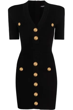 Balmain Kjole, Dame, Sort, M, Uld, Sort Strikket V-Hals Kjole med Guld-Tone Knapper