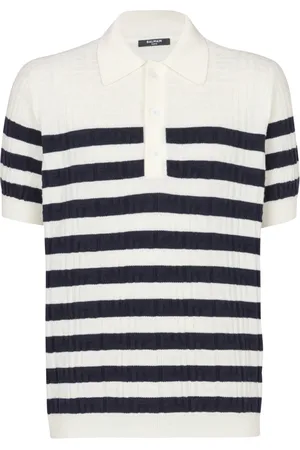 Balmain Top, Herre, Hvid, L, Stribet strikket poloshirt med monogram
