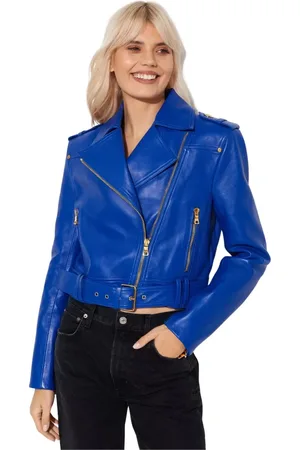 Balmain Jakke, Dame, Blå, S, Læder, Blå læder bikerjakke