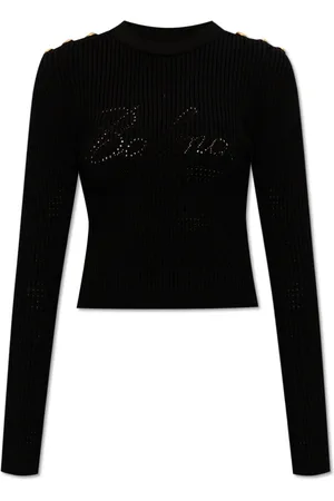 Balmain Strik, Dame, Sort, 2XS, Uld, Ribstrikket sweater med logo