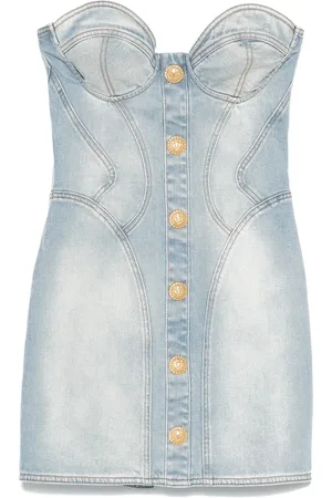 Balmain Kjole, Dame, Blå, S, Denim, Klar Blå Denim Sweetheart Kjole